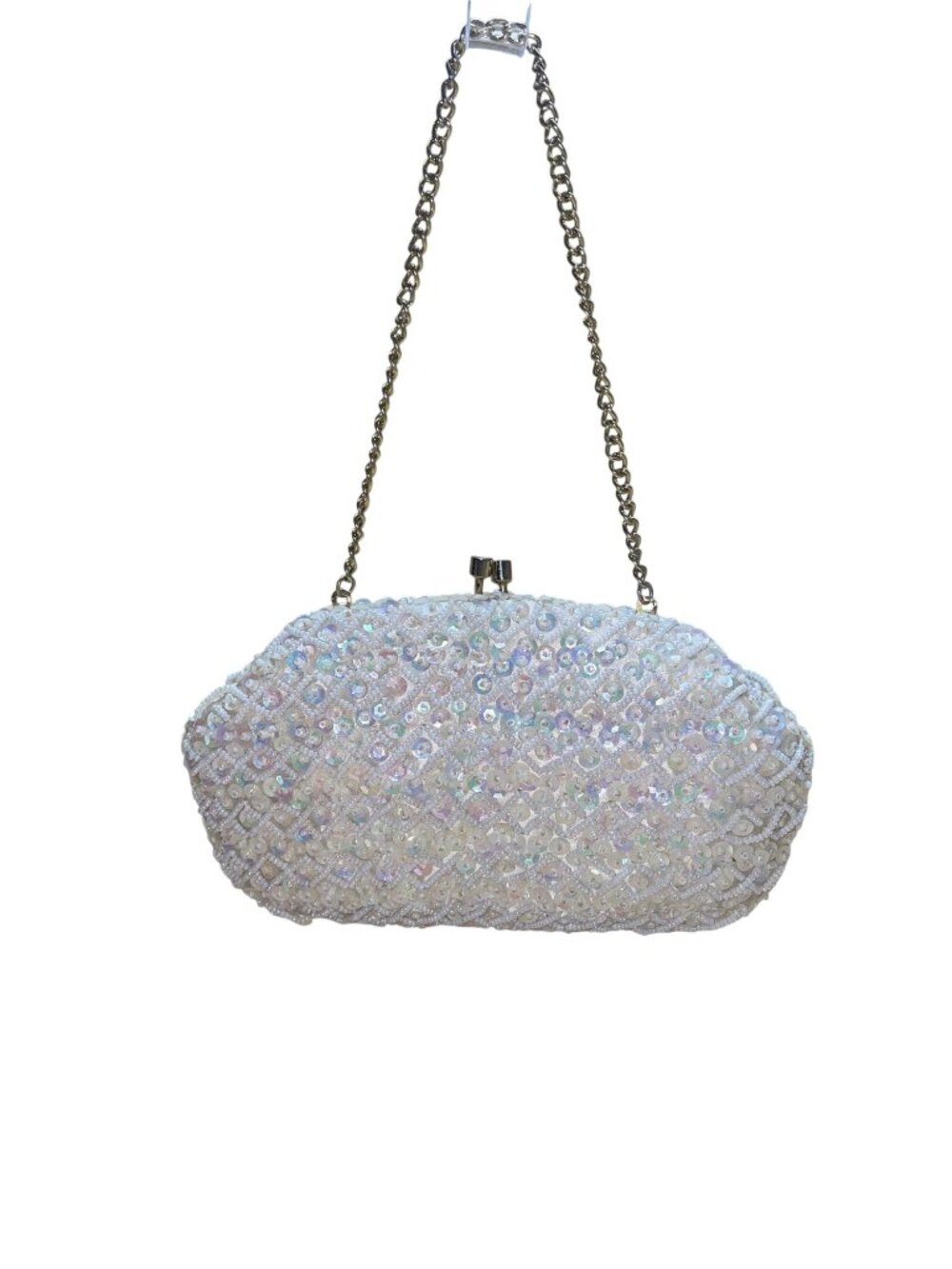 Handmade Women’s White Beaded & Sequin Evening Clutch Bag With Chain Strap